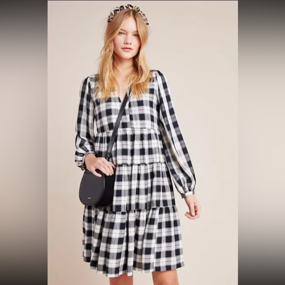 Anthropologie Maeve Amber Women Tunic Dress L Plaid Tiered Check Milkmaid Boho